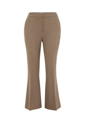 Bruine op maat gemaakte broek met uitlopende zoom, vervaardigd van gladde stof. Voorzien van een aangesloten tailleband en strakke voorste naden.