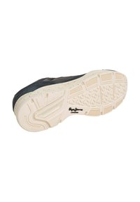 Scarpa sportiva con una tomaia in tessuto navy testurizzato, suola in gomma bianca con un motivo e un marchio impresso sul lato.