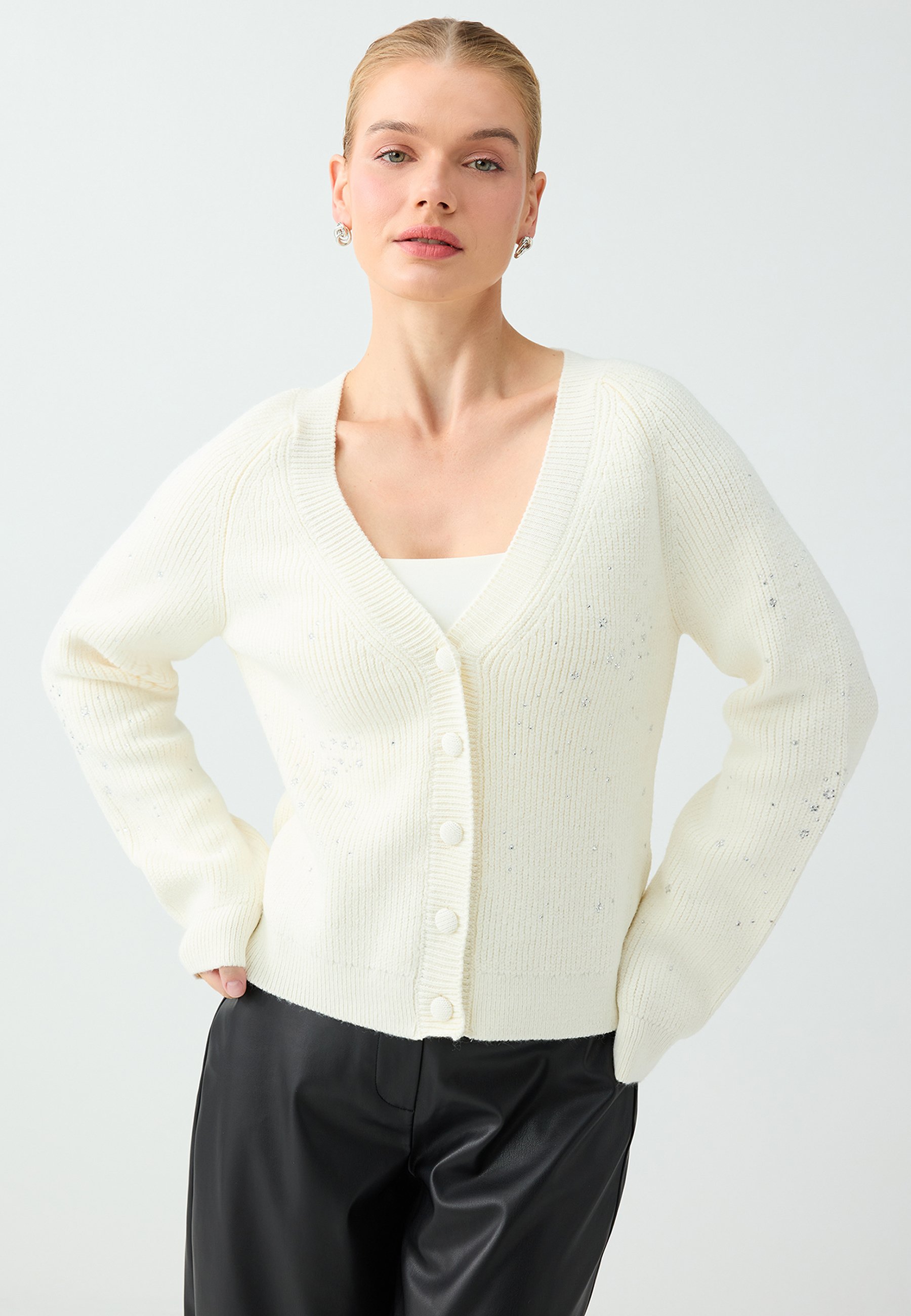 Jimmy Key RHINESTONE EMBELLISHED V NECK KNIT CARDIGAN - Cardigan