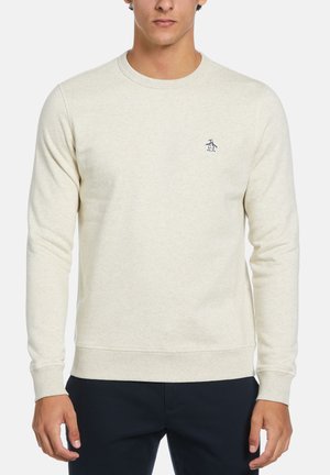 Lichtbeige crewneck sweatshirt van zachte stof, met een klein marineblauw pinguïnlogo op de borst en geribbelde boorden en onderrand.