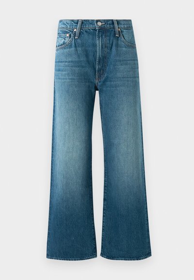 Blauwe denim wijde jeans met vervaagde details, voorzakken, riemlussen en een knoopsluiting.