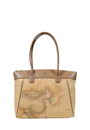 Borsa tote con design di una mappa vintage, in materiale sintetico beige, robuste maniglie marroni e un piccolo dettaglio in metallo con il logo nella parte frontale.