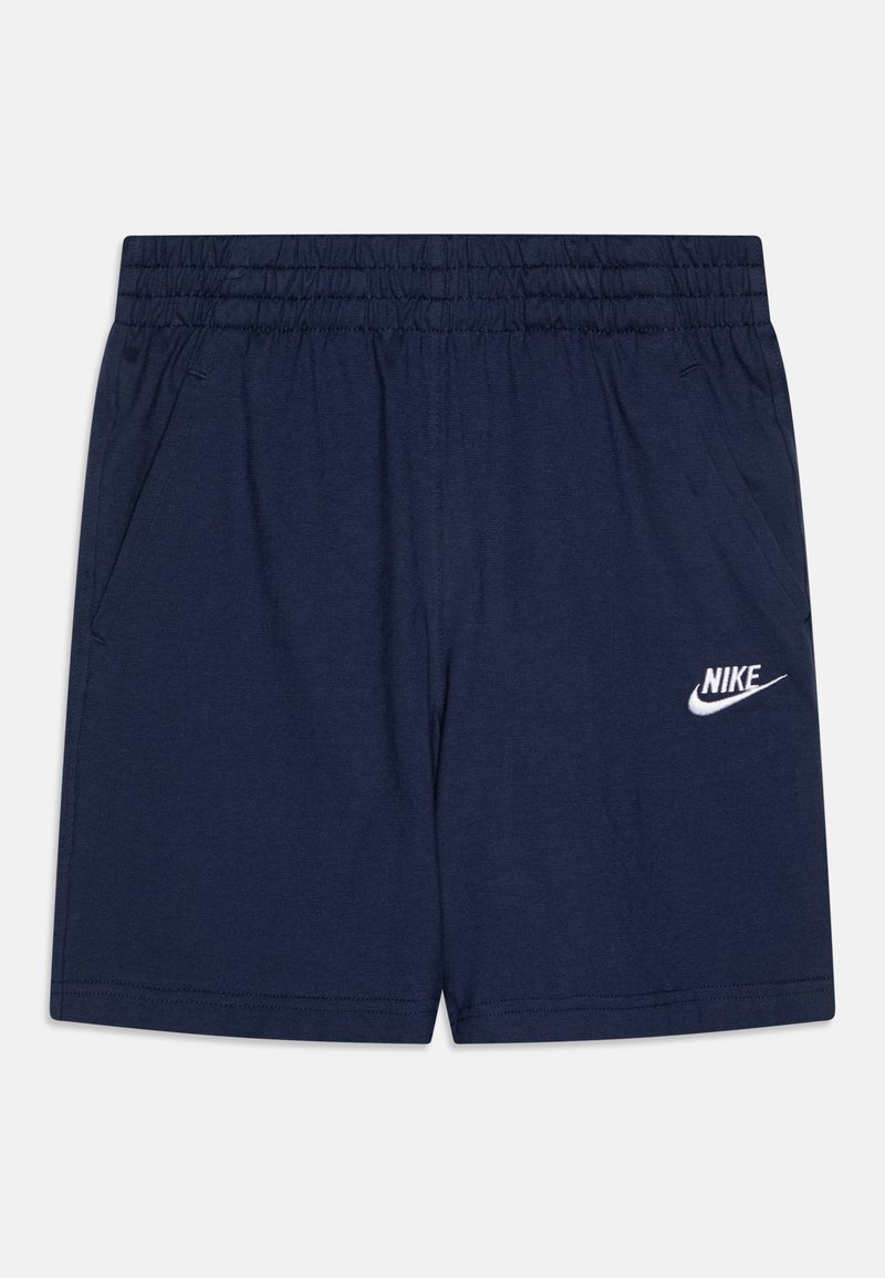 Calções azul-marinho feitos de tecido suave, com uma cintura elástica, dois bolsos laterais e um logótipo da Nike em branco no lado esquerdo.