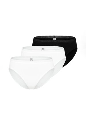 Three women's cotton briefs in black and white, featuring lace trim and branded waistband labels, arranged in a layered formation.