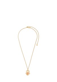 Zlatý náhrdelník s okrúhlym príveskom, ktorý má červenú iniciálu a dekoratívne akcenty. Reťaz má sponu s predĺžením na úpravu dĺžky.