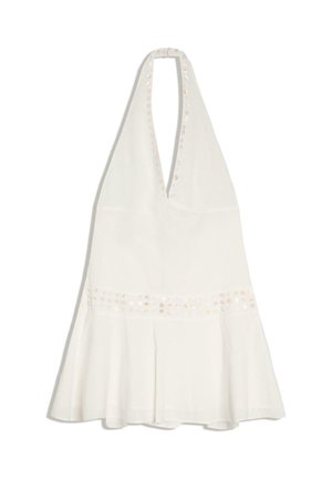Vestito bianco con collo halter a V profondo e decorazioni di paillettes lungo lo scollo e la vita, orlo della gonna svasato.