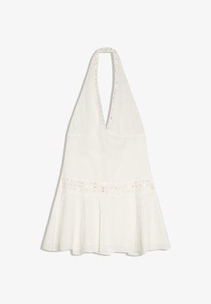 Vestito bianco con collo halter a V profondo e decorazioni di paillettes lungo lo scollo e la vita, orlo della gonna svasato.