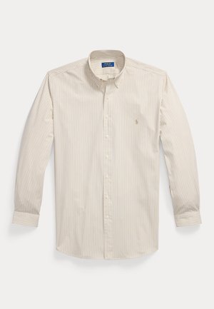 Cămașă bej și albă cu dungi verticale, mâneci lungi, cu nasturi, guler cu nasturi și mic logo brodat Polo Ralph Lauren pe piept.