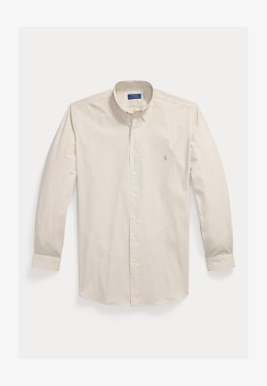 Cămașă bej și albă cu dungi verticale, mâneci lungi, cu nasturi, guler cu nasturi și mic logo brodat Polo Ralph Lauren pe piept.