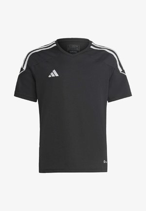 Schwarzes Sport-T-Shirt mit kurzen Ärmeln, das weiße Streifenakzente auf den Schultern und ein Adidas-Logo auf der Brust aufweist. Hergestellt aus strukturiertem Stoff.