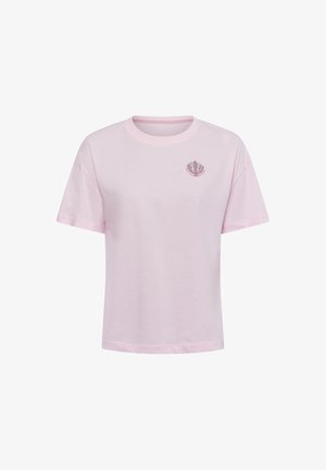 Light pink cotton t-shirt with short sleeves, round neckline, and a small, colorful shell design on the left chest.