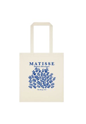 Beige mulepose med blåt abstrakt bladmotiv og tekst, der lyder "MATISSE Papiers Découpés The Sheaf, 1953" på forsiden.
