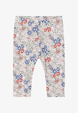 Floral leggings with a light pink background, featuring red, blue, and green flowers; made from soft, stretchable fabric.