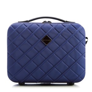 Blue textured hard-shell case with a quilted pattern, featuring a black handle and a diamond-shaped logo plate on the front.