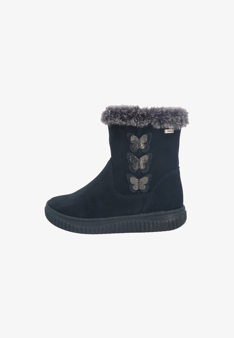 Botte d'hiver noire pour enfants avec bordure en fausse fourrure et trois décorations papillons pailletées sur le côté, semelle en caoutchouc et étiquette TEX.
