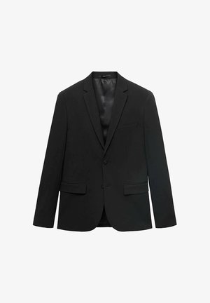 Schwarzer Blazer mit Reverskragen, einzelner Knopfverschluss, zwei Vorderentaschen und glattem Satinfutter. Maßgeschneiderter Schnitt mit strukturiertem Sitz.