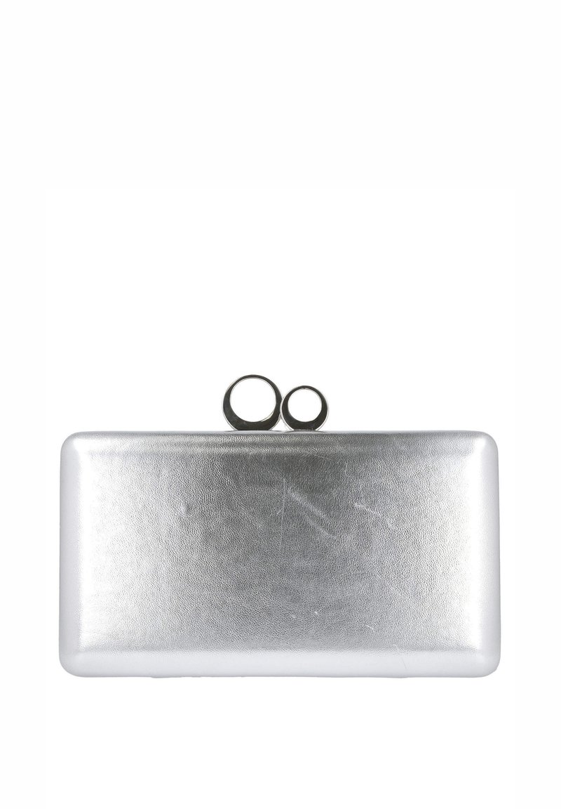 Bolso de mano rectangular metálico plateado con superficie texturizada, que cuenta con un cierre doble circular en la parte superior. Diseño compacto adecuado para lo esencial.