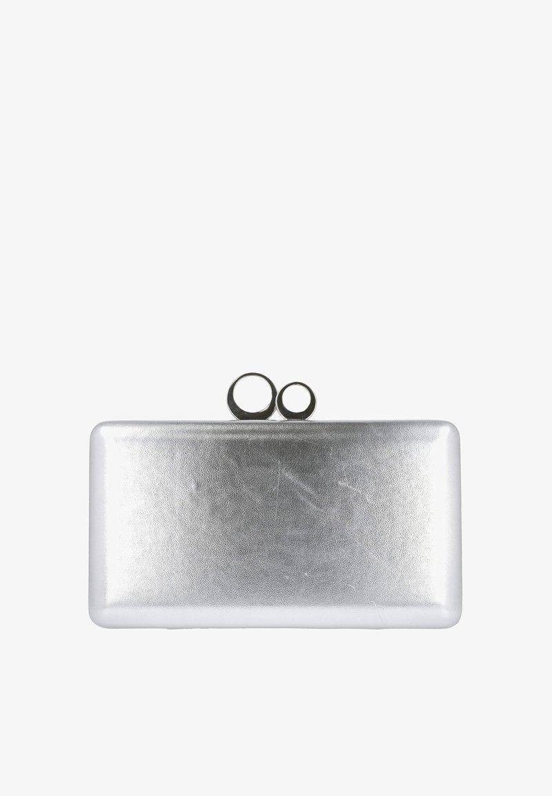 Bolso de mano rectangular metálico plateado con superficie texturizada, que cuenta con un cierre doble circular en la parte superior. Diseño compacto adecuado para lo esencial.