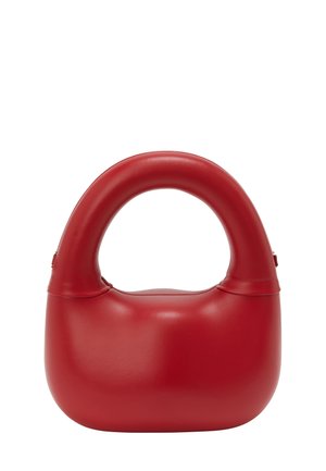 Rode leren handtas met een ronde handgreep en een gladde, glanzende afwerking. Heeft een gestructureerd, minimalistisch ontwerp. Geen zichtbare hardware.