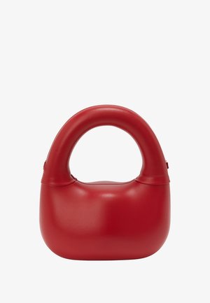 Czerwona skórzana torebka z okrągłym uchwytem i gładkim, błyszczącym wykończeniem. Charakteryzuje się zorganizowanym, minimalistycznym designem. Brak widocznych elementów metalowych.