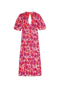 Maxi kjole med blomsterprint, der har pufærmer, en dyb V-udskæring og en livlig farvepalet af pink, lilla og røde nuancer.