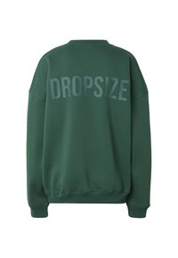 Sweat-shirt à manches longues vert foncé avec poignets et ourlet côtelés, arborant le mot « DROPSIZE » imprimé sur le haut du dos.
