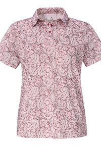 Kurzärmliges Hemd mit Kragen in blassrosa, mit einem wirbelnden Muster in Rot und Grau. Verfügt über eine Knopfleiste und ein Markenlogo auf der Brust.