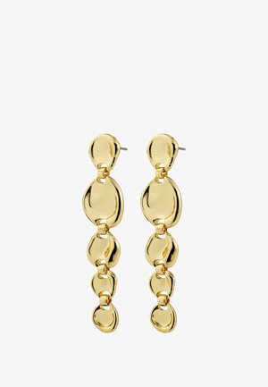 Zlaté visací náušnice s propojenými, nepravidelnými tvary. Hladký, lesklý povrch s leštěným finišem. Každá náušnice obsahuje tři spojené části.