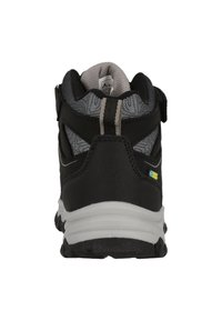 Schwarzer Wanderschuh mit grauen Akzenten, strukturierten Mesh-Panels, Fersenlasche und einer strapazierfähigen Gummisohle. Verstärkte Rückseite für Unterstützung und Stabilität.