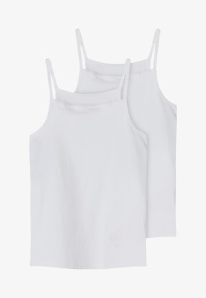 Deux camisoles blanches en coton à bretelles réglables, avec un design simple et une texture lisse et douce, adaptées pour le superposition ou un usage quotidien.