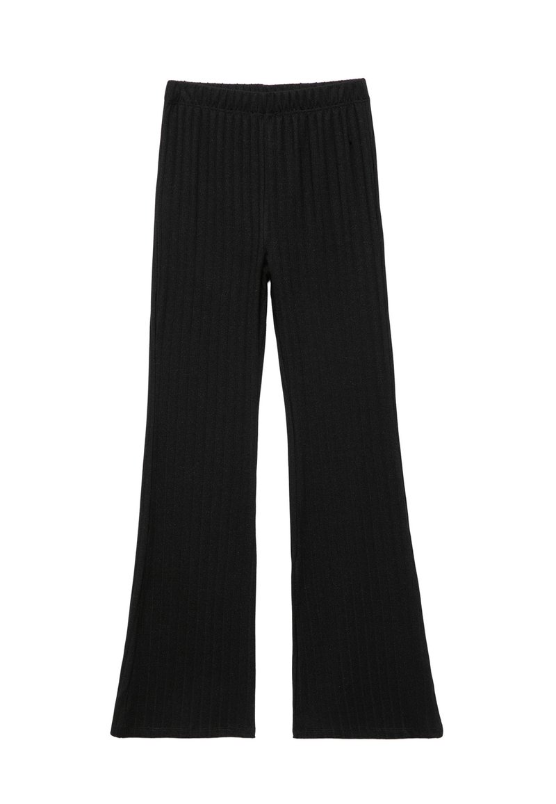 Pantalones negros acanalados con un diseño acampanado y una cintura elástica, que presentan una superficie texturizada y un ajuste de altura media.