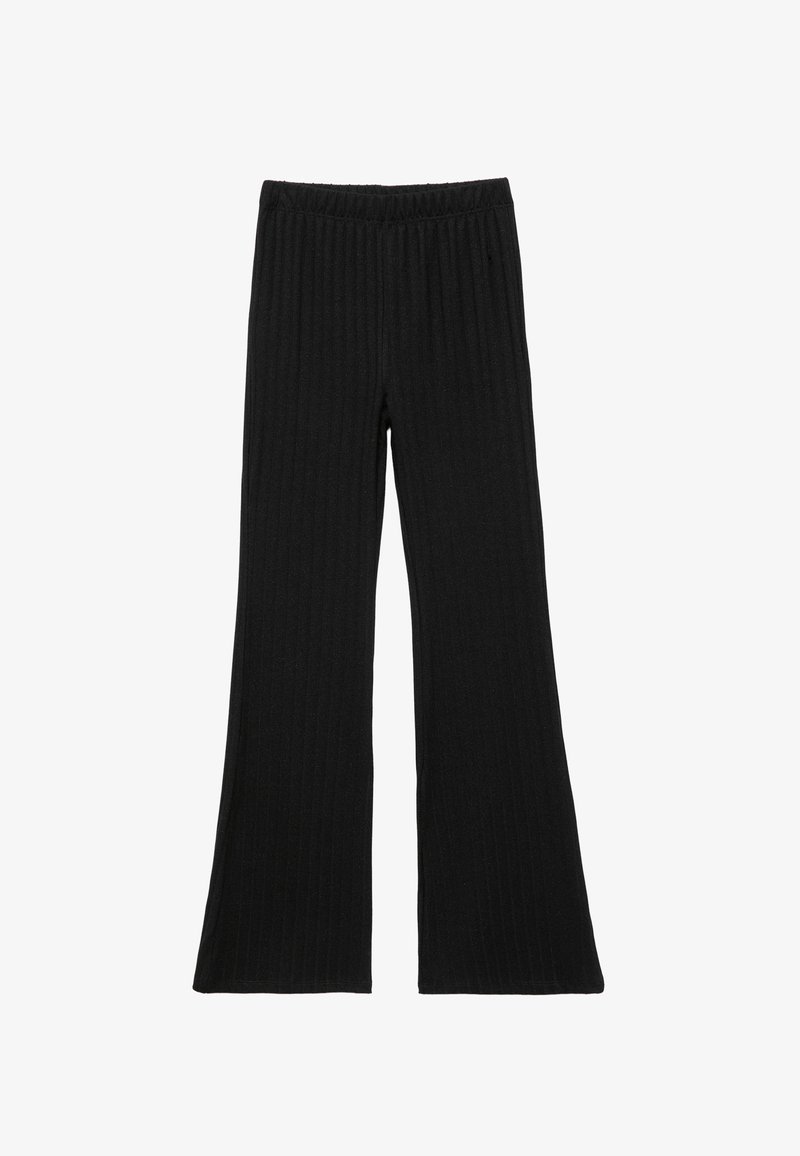 Zwarte geribde broek met een flared ontwerp en een elastische tailleband, met een gestructureerd oppervlak en een mid-rise pasvorm.