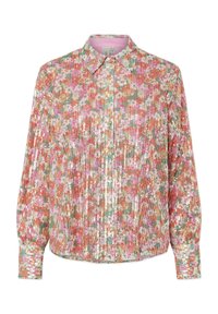 Cămașă cu flori, cu nasturi, având un design multicolor din paiete în nuanțe de roz, verde și portocaliu. Mâneci lungi cu manșete cu nasturi și guler.