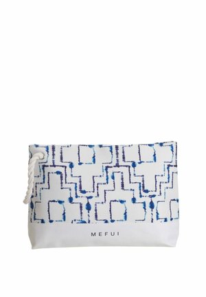 Pochette in cotone multicolore con motivo geometrico astratto blu, base bianca e coulisse in corda. Presenta il logo MEFUI sul fronte.
