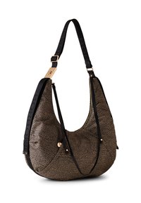 Hobo bag with a textured gold and black pattern, featuring a curved shape, adjustable black strap, and gold hardware accents.