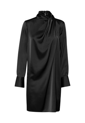 Schwarzes Satin-Kleid mit langen Ärmeln, hohem Kragen und drapiertem Vorderteil. Verfügt über einen Reißverschluss hinten und weite Manschetten. Glatte Textur.