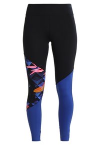 Czarne legginsy z niebieskimi panelami w geometryczne wzory. Posiadają połączenie gładkich i teksturowanych sekcji materiału, oferując dopasowany krój.