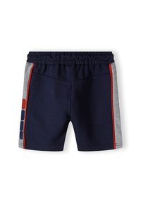 Jūrā zila šorti ar pelēku sānu paneli un sarkanām akcentu detaļām. Iezīmē elastīgu jostu un gludu auduma tekstūru ar sportisku dizainu.