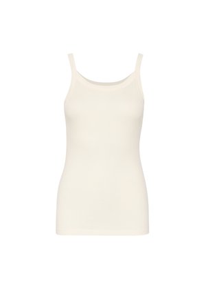 Svetlo bež majica bez rukava z podesivim trakama, napravljena od glatkog pamuka, sa zaobljenim izrezom i prilagođenim siluetom.