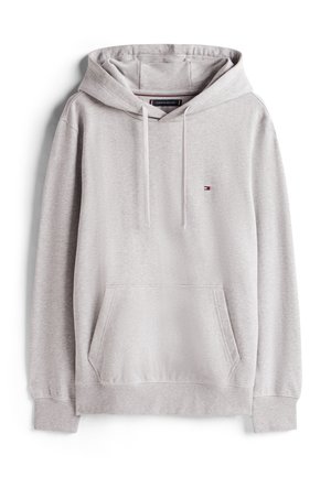 Hellgrauer Hoodie aus Baumwollmischung, mit einer vorderen Kängurutasche, verstellbarer Kapuze mit Kordelzug, gerippten Bündchen und einem kleinen Logo auf der Brust.