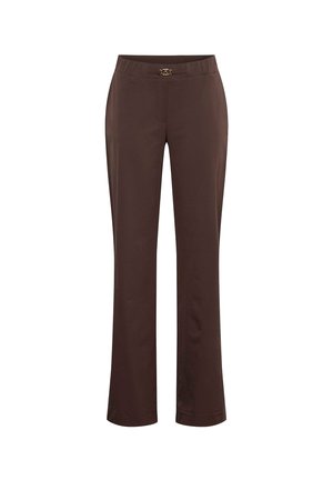 Bruine rechte broek met elastische tailleband en kleine gouden decoratieve sluiting in het midden voor.