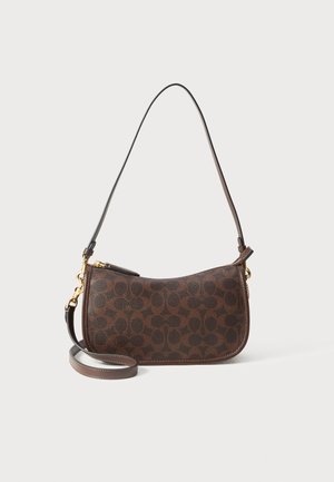 Sac en cuir marron pour l'épaule présentant un motif circulaire, une silhouette courbée, des ferrures dorées et une bandoulière amovible pour un transport polyvalent.