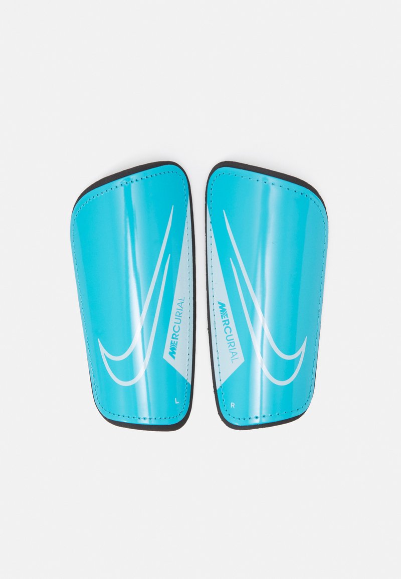 Nike Mercurial shin guards in bright blue with a smooth finish. Features white accents and text, labeled 'L' and 'R' for left and right.