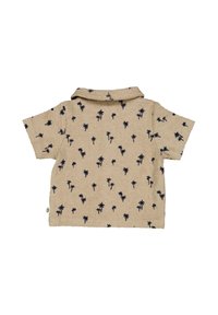 Camicia corta a maniche corte color sabbia con colletto, caratterizzata da un motivo di palme blu navy su tutta la superficie. Tessuto morbido con una vestibilità comoda.