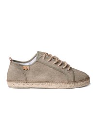 Zelené plátěné espadrilky s béžovou jutu podošvou, kulatou špičkou, dekoračným prešívaním a šnurovaním. Kožená nášivka na boku.