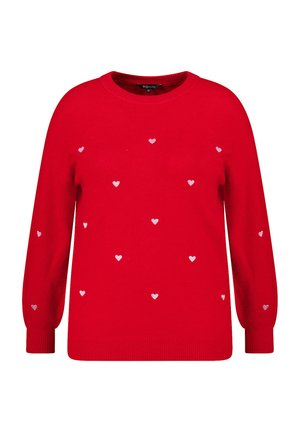 Rode trui van een zachte gebreide stof, met kleine witte geborduurde hartjes die over de voorkant zijn verspreid en geribbelde manchetten.