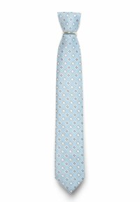 Helles blaues Krawatte mit einem geometrischen Muster aus Rautenformen und kleinen floralen Akzenten in Weiß und Dunkelblau. Seidenmaterial mit glatter Oberfläche.