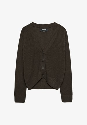 Dark brown knitted cardigan with a V-neck, five-button closure, ribbed cuffs, and a cropped design. Textured fabric with a loose fit.