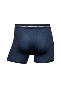 Navy boxer shorts with a vertical pattern, elastic waistband featuring the brand name, and a smooth fabric texture for comfort.