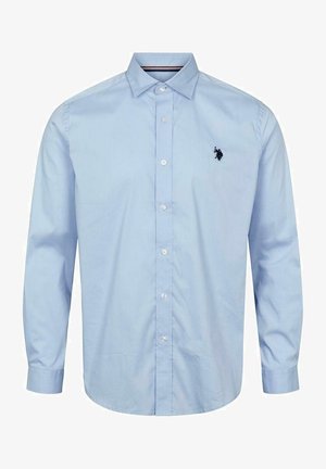Světlomodrá košile na knoflíky s dlouhými rukávy, špičatým límečkem a vyšívaným logem na levé straně hrudi. Vyrobena z hladkého bavlněného materiálu.